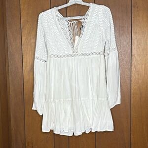 Tobi Embroidered Babydoll Mini Dress Womens S White Boho Cottagecore Romantic